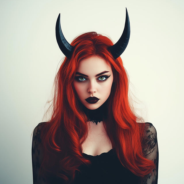 Red-haired model wearing 3D printed demon horns, showcasing a gothic costume for Halloween or fantasy cosplay.