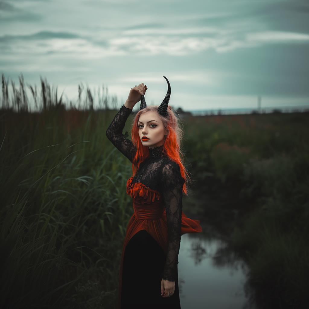 Woman in gothic attire with demon horns, posing in a moody landscape for fantasy cosplay.