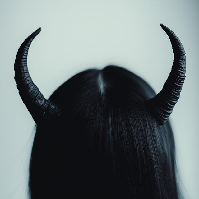 Small black demon horns on long dark hair, perfect for gothic cosplay and Halloween costumes.