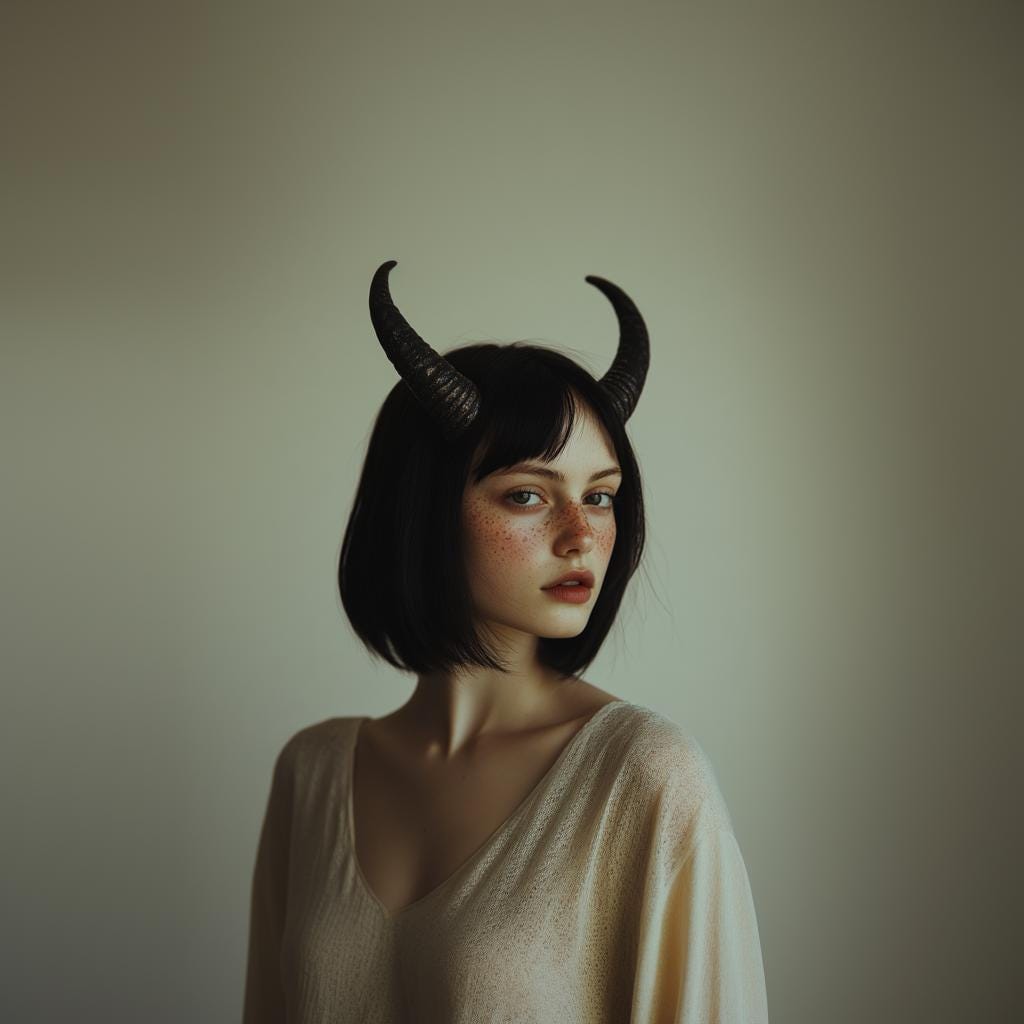 Model wearing subtle 3D printed demon horns, showcasing a gothic fantasy aesthetic.