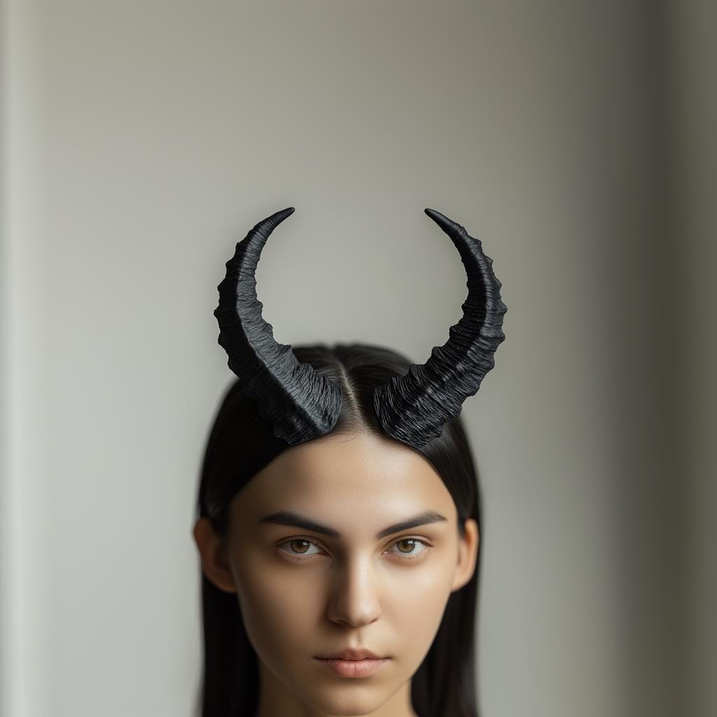 3D-printed textured black demon horns worn by a model, perfect for cosplay and Halloween costumes.