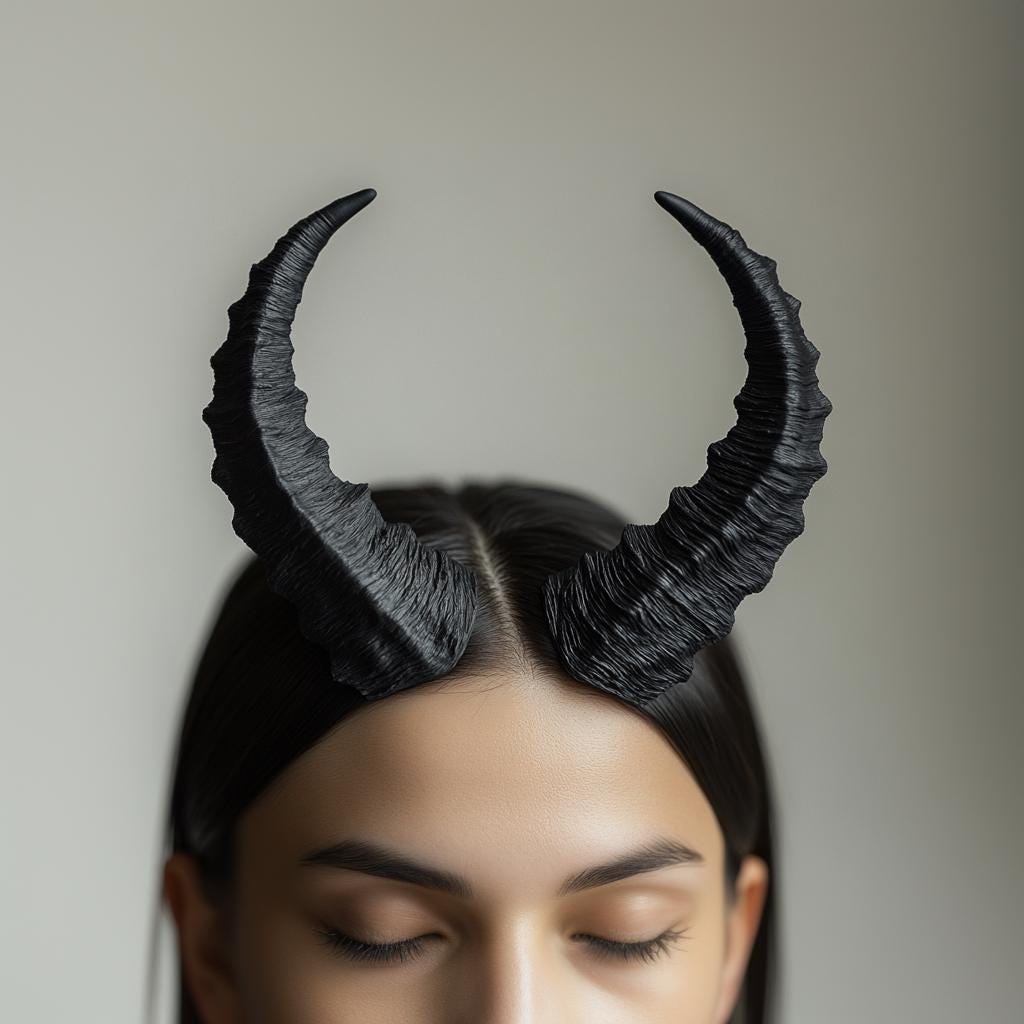 Textured black 3D-printed demon horns on a model, perfect for cosplay and Halloween costumes.
