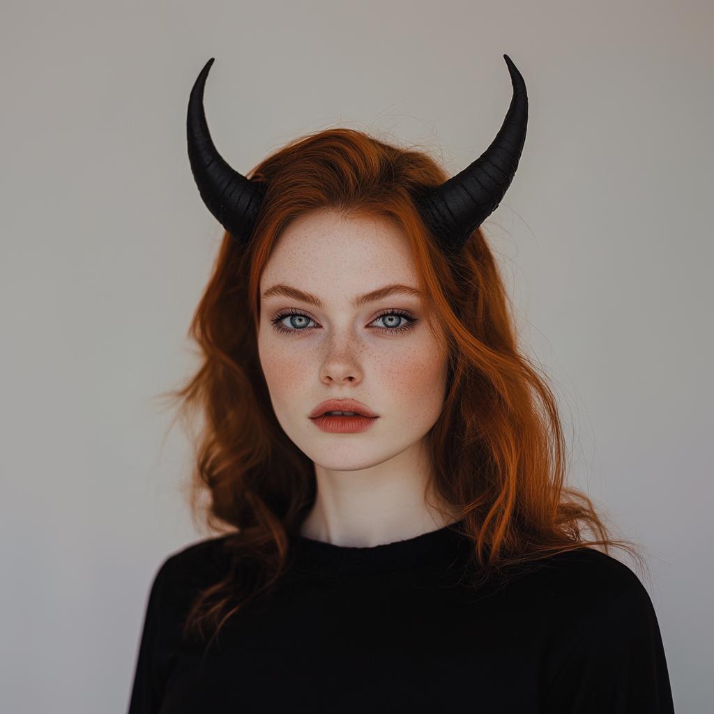 Model wearing small 3D-printed demon horns, showcasing a gothic aesthetic for cosplay and Halloween.