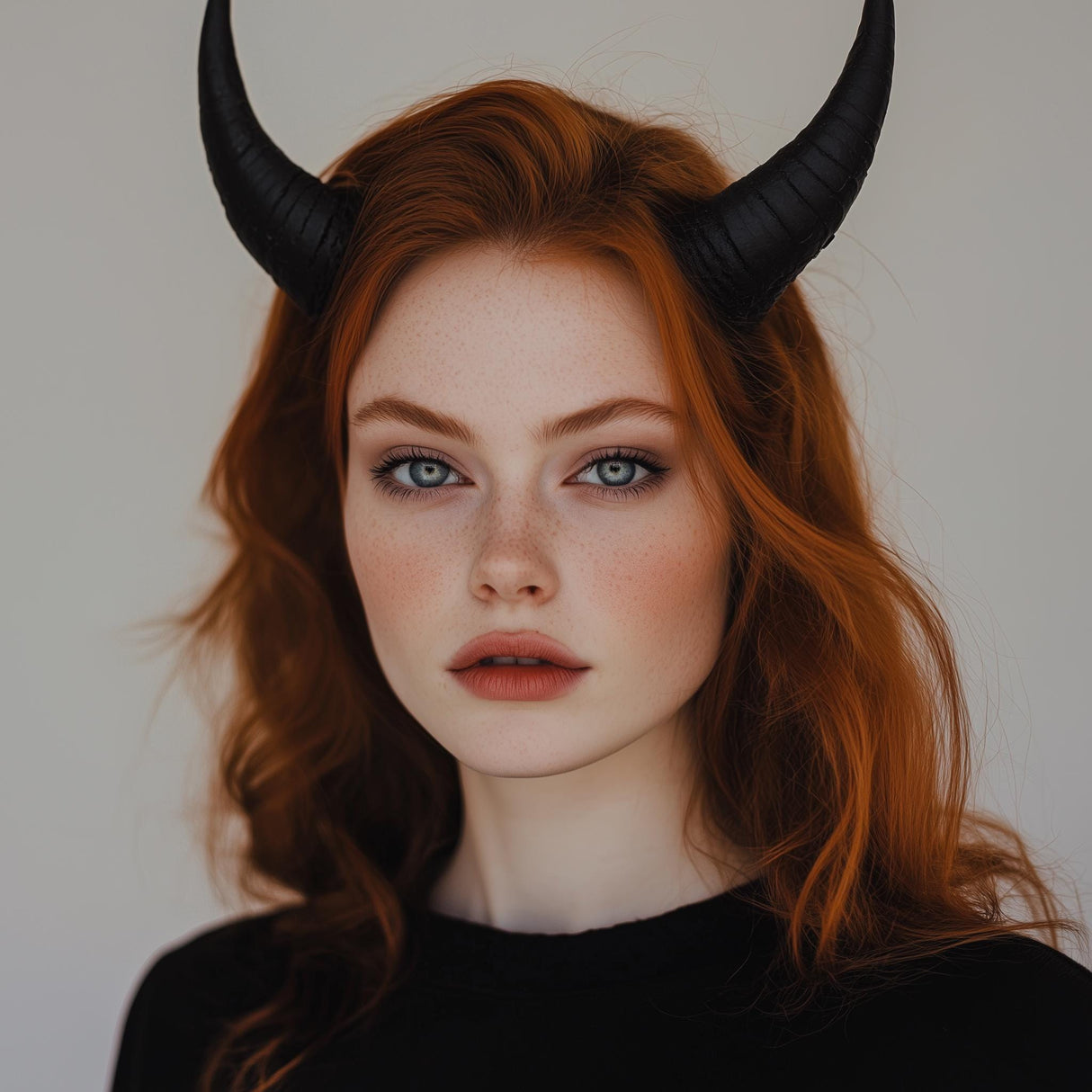 Model wearing small demon horns for a gothic aesthetic, perfect for cosplay and Halloween accessories.