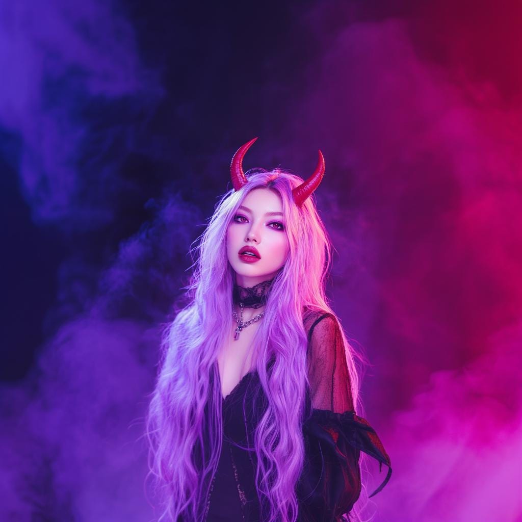 Model with 3D-printed demon horns in a mystical smoky setting, showcasing a bold Halloween cosplay look.