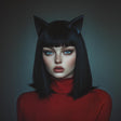 Model with sleek black hair wearing a cat ears headband in a gothic style outfit.