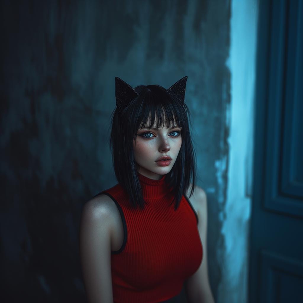 Woman wearing a gothic cat ear headpiece, styled in a red top, against a moody background.