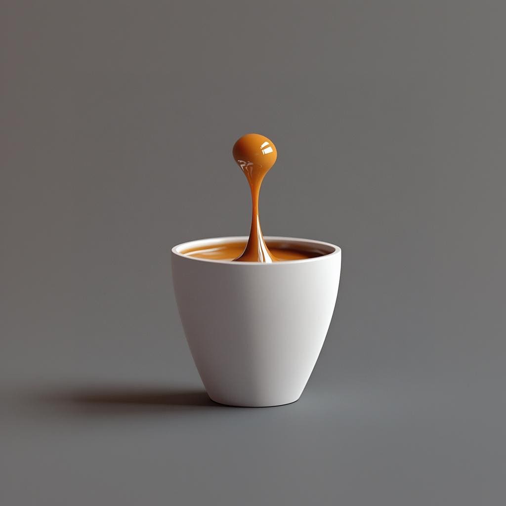 Floating coffee drop sculpture showcasing a suspended macchiato drop in a modern white cup.