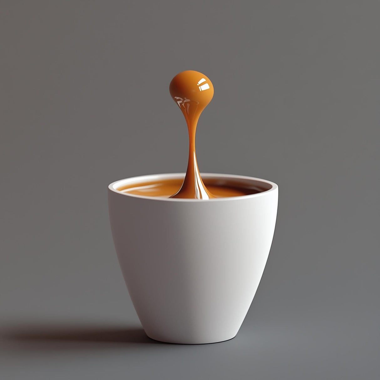 Floating coffee drop sculpture in a white cup, capturing the essence of espresso macchiato art.