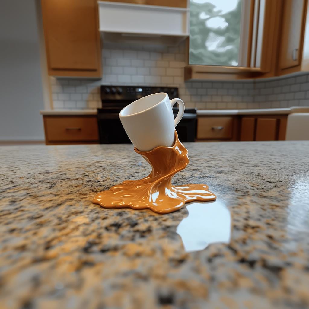 3D printed coffee cup holder with a spilled coffee effect, stylish kitchen decor for coffee lovers and baristas.