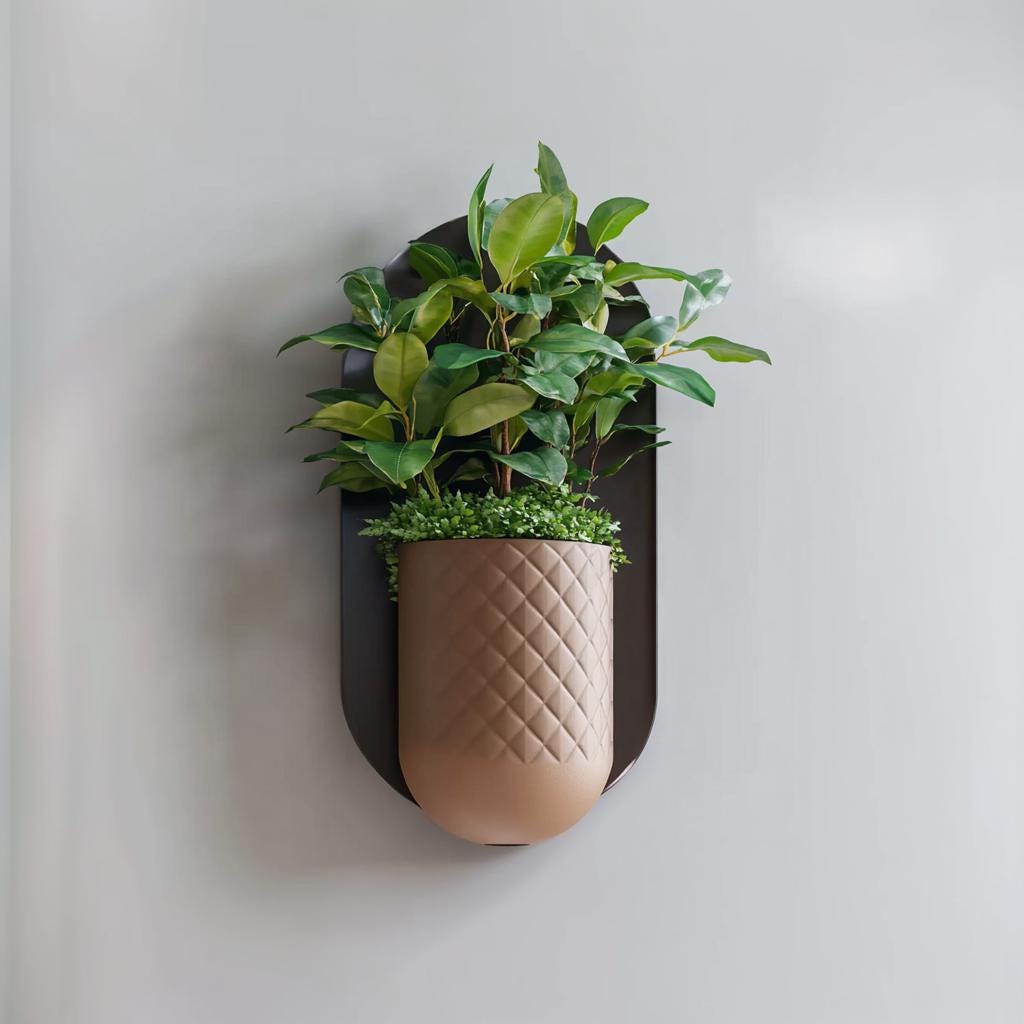 Minimalist wall planter with a textured geometric design showcasing lush green plants, ideal for modern home decor.