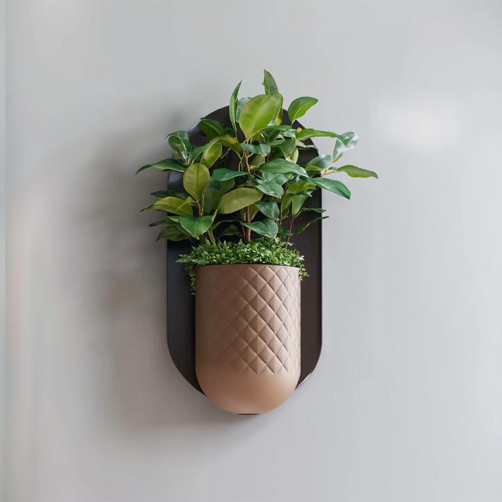 Modern minimalist wall planter with textured design, featuring lush greenery in a sleek indoor setting.