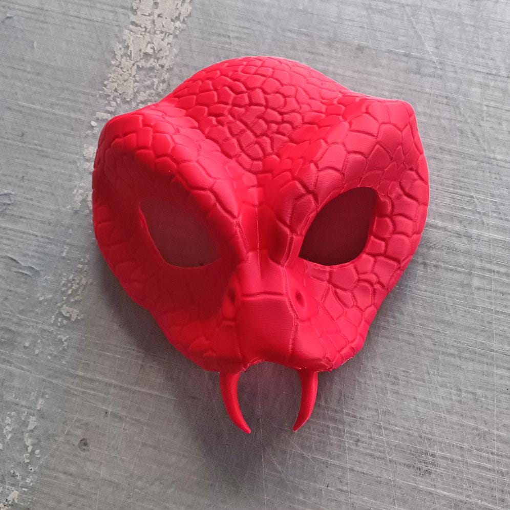 3D printed snake demon mask with detailed scales and fangs, perfect for Halloween cosplay or masquerade events.