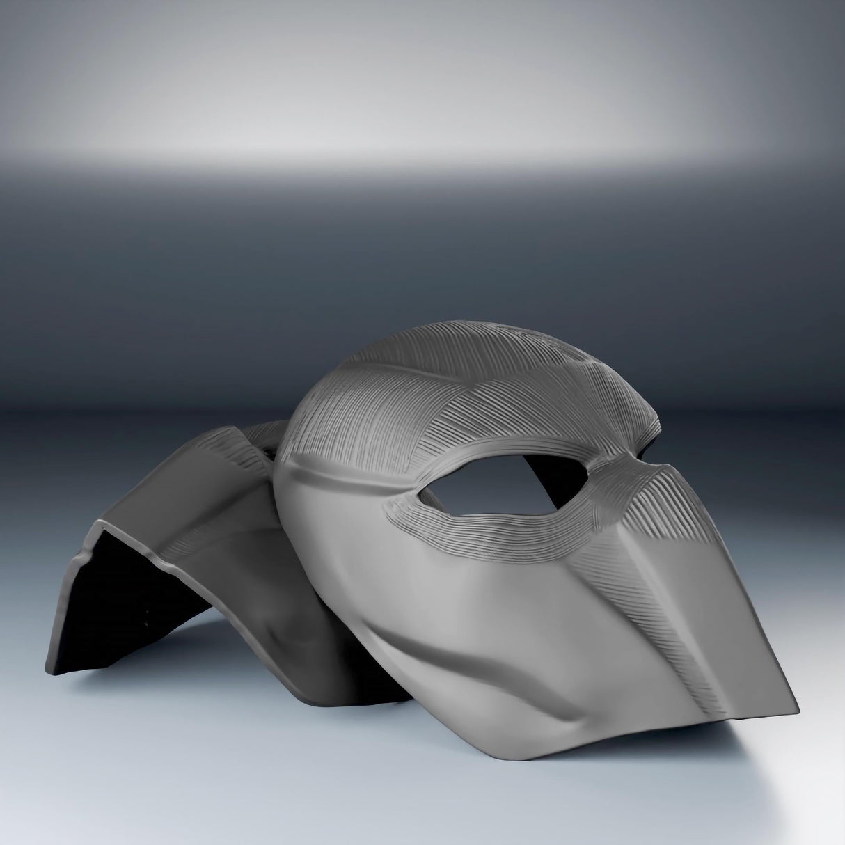 Futuristic black 3D printed tactical face mask, showcasing intricate design and modern aesthetic, perfect for cosplay or costume.