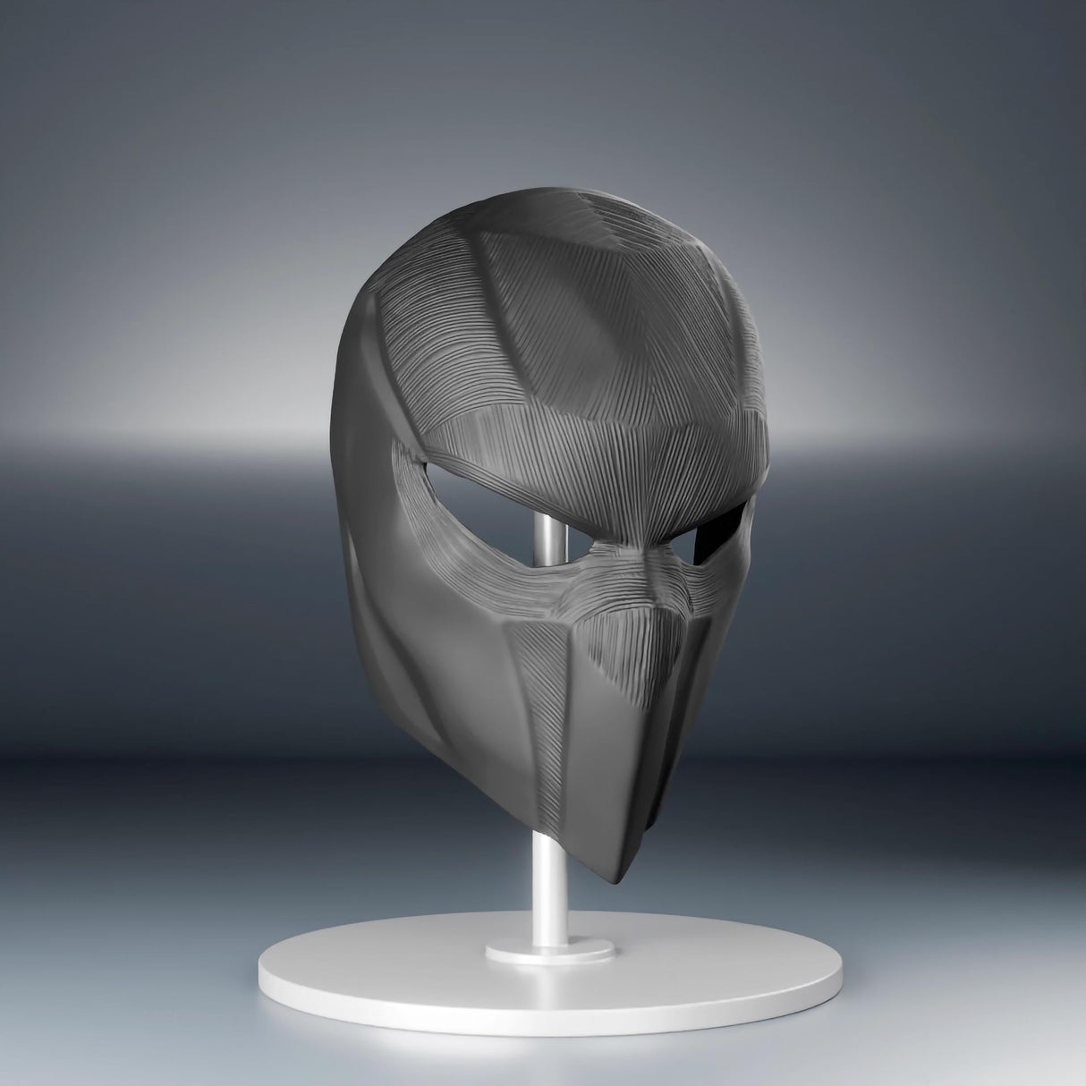 Futuristic black 3D printed tactical face mask with intricate design displayed on a stand.
