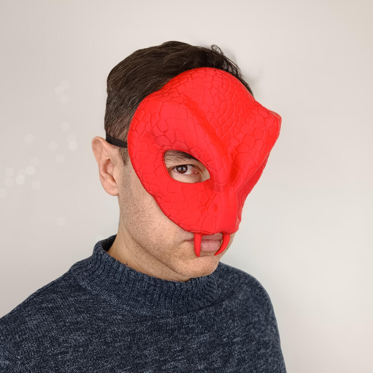 Red 3D Printed Snake Demon Mask worn by a model, showcasing its detailed reptilian texture for cosplay or Halloween.