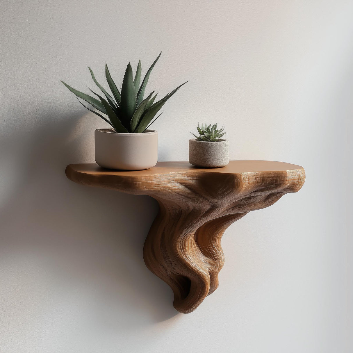 Tree root-inspired floating shelf with plants, natural wood texture, modern earthy decor for home.