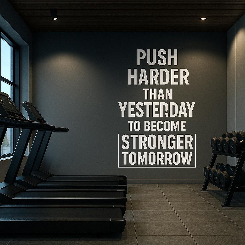 Gym wall decal with motivational quote: 'Push Harder Than Yesterday to Become Stronger Tomorrow' in modern workout room.