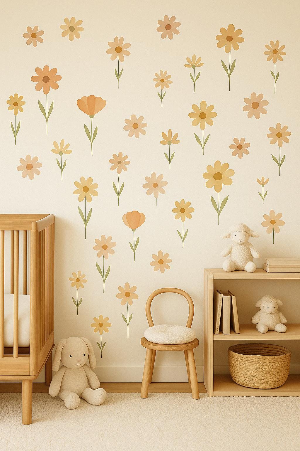 Boho floral wall decals in soft earthy tones decorating a nursery with a crib, chair, and plush toys.