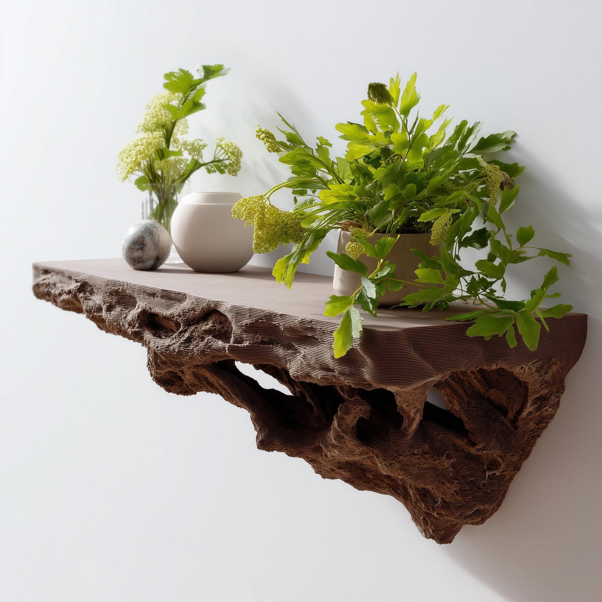 3D printed organic floating shelf with plants and decor, featuring natural wood-inspired design.