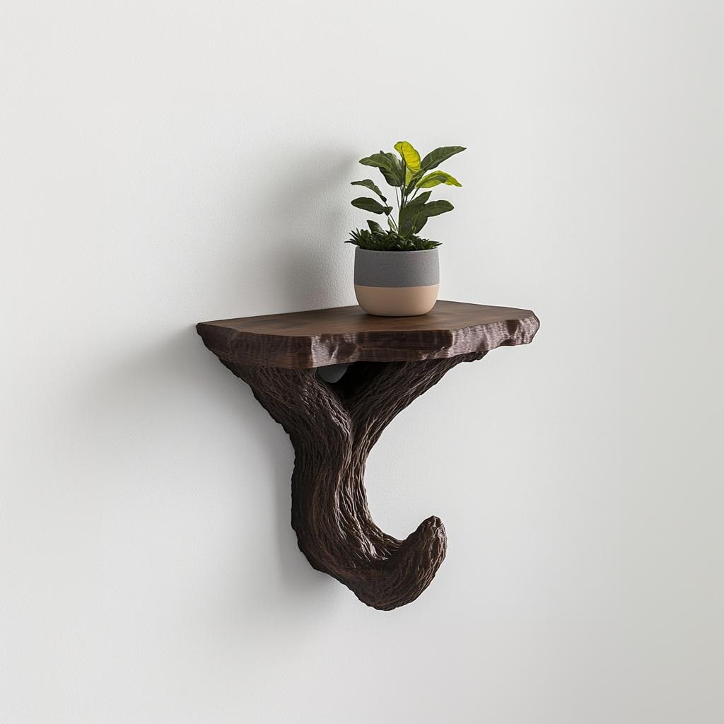 Tree-inspired wall shelf with a plant, showcasing organic design and minimalist home decor.