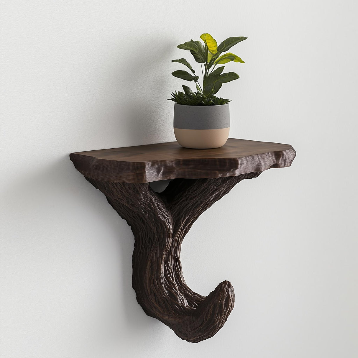 Tree-inspired wall shelf with textured branch design, featuring a potted plant, ideal for minimalist decor.