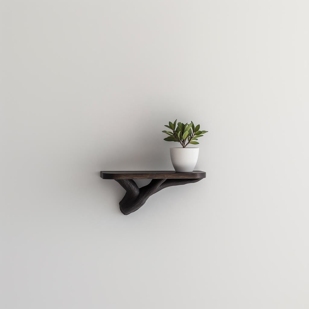 Dark wood branch floating shelf with small potted plant, adding organic charm to modern home decor.