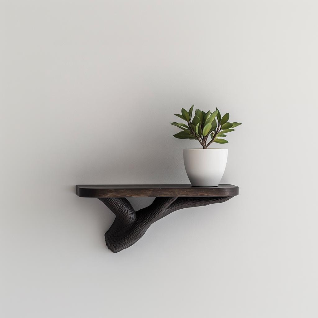 Dark wood branch floating shelf with a potted plant, adding organic style to modern home decor.