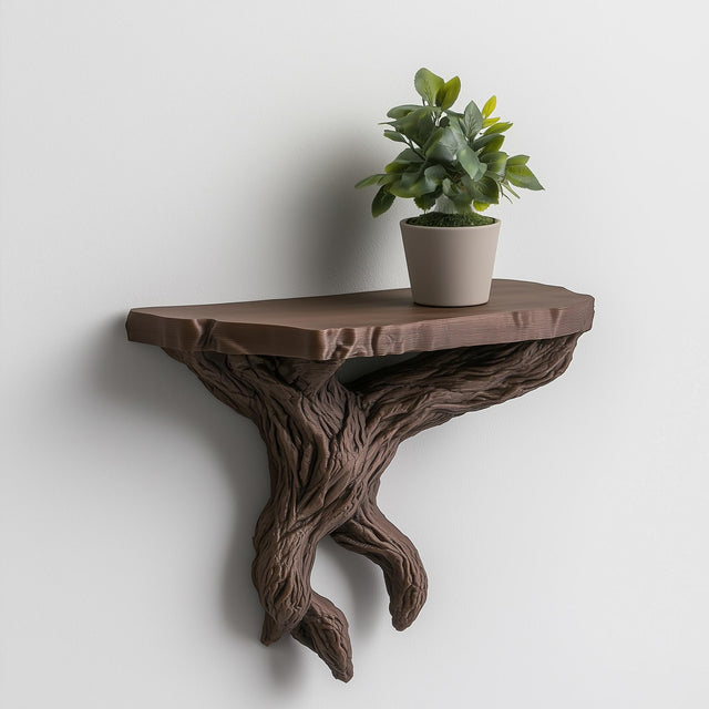 Tree branch wall shelf with plant, rustic 3D printed floating shelf for nature-inspired home decor.