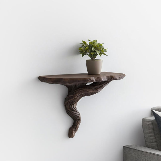 3D printed twisted root wall shelf with a potted plant, adding rustic decor to a modern living space.