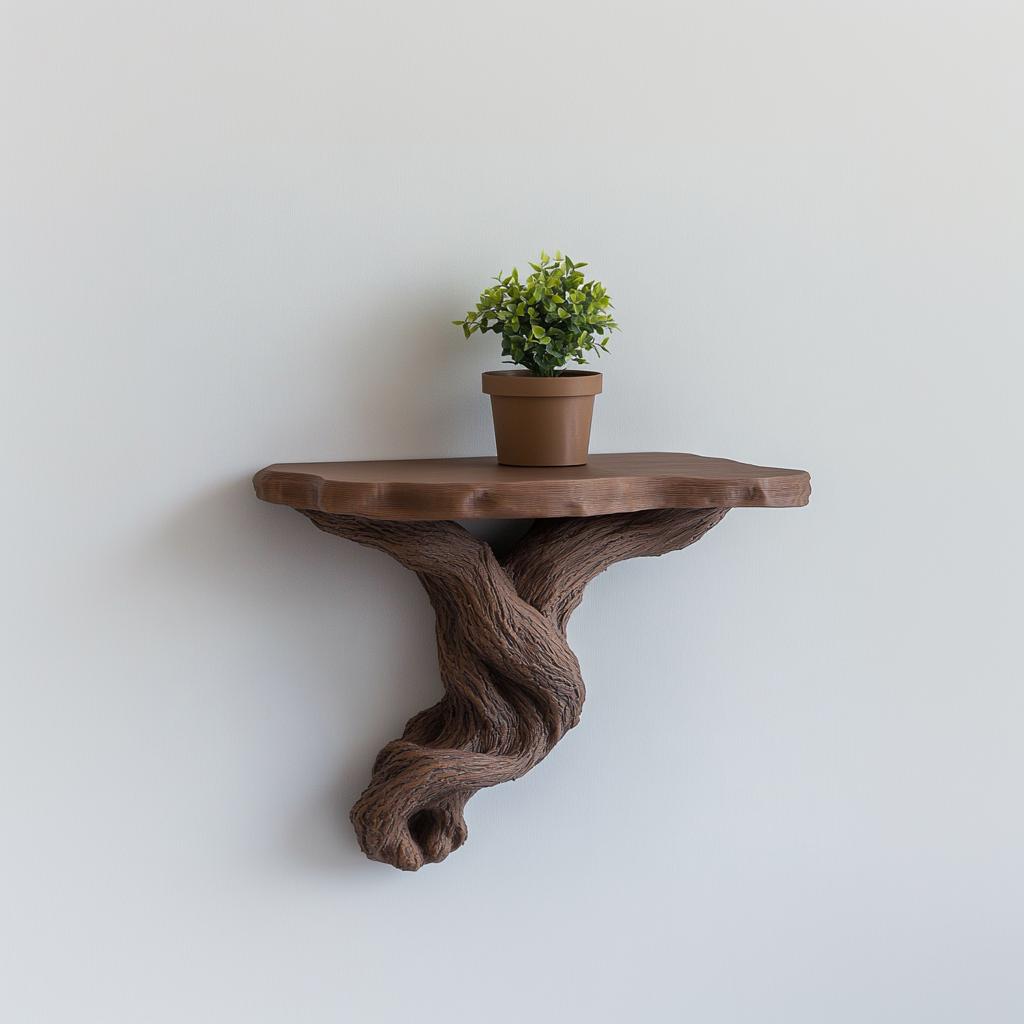 3D printed tree root floating shelf with a small potted plant, showcasing rustic and nature-inspired decor.