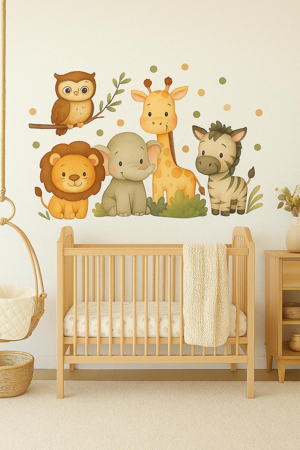 Cute safari animal wall decals featuring an owl, lion, elephant, giraffe, and zebra in a cozy nursery.