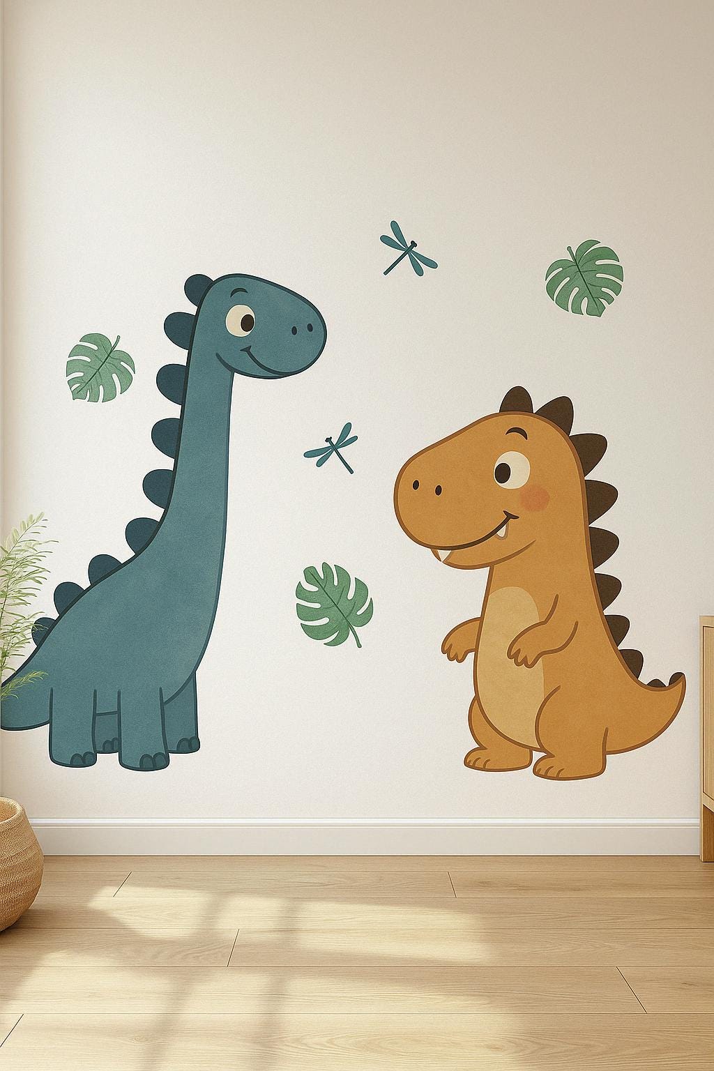Large dino wall decals featuring a blue diplodocus and a smiling T-rex with leafy accents in a nursery.