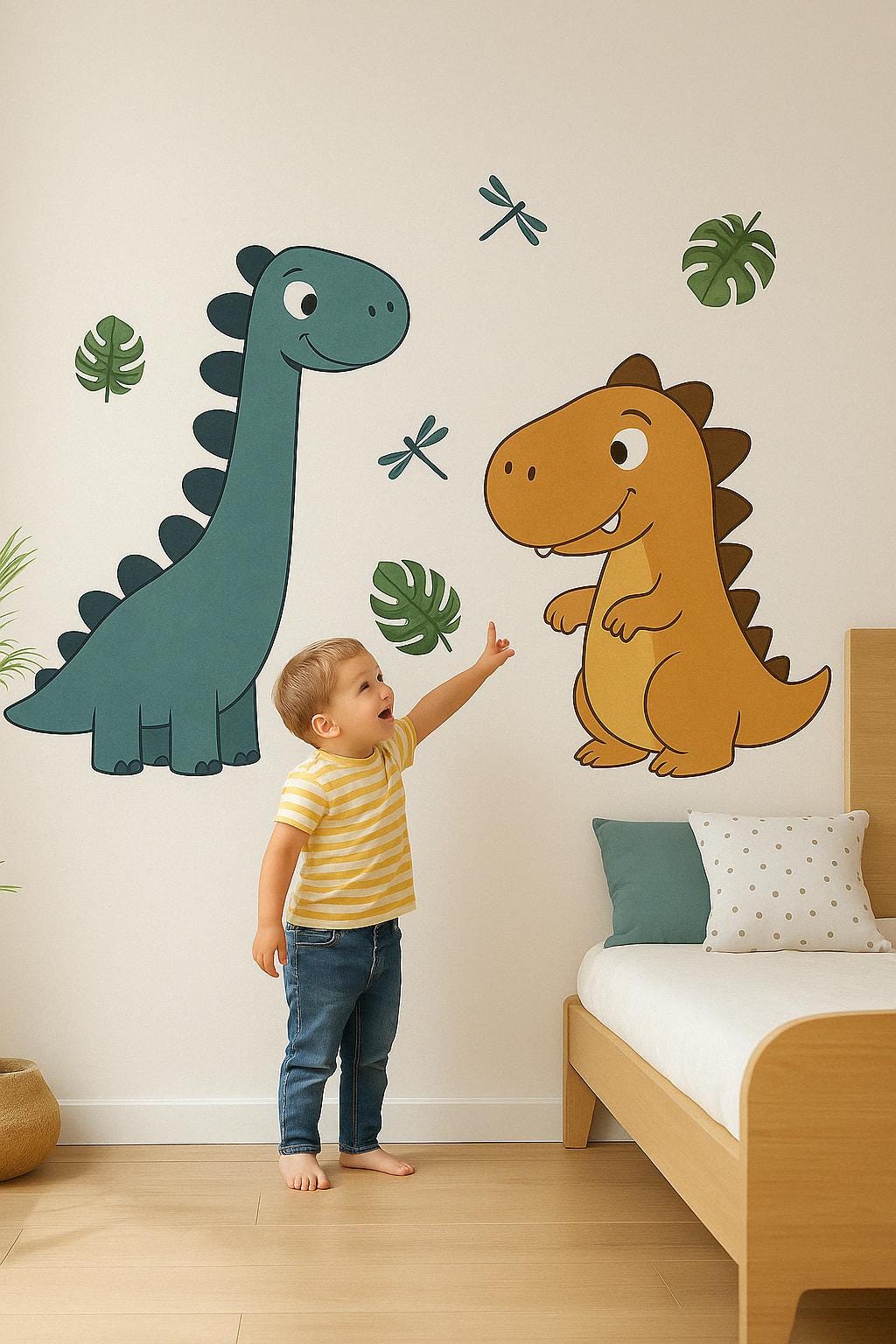 Child pointing at cute large dinosaur wall decals of a diplodocus and T-rex in a nursery room.