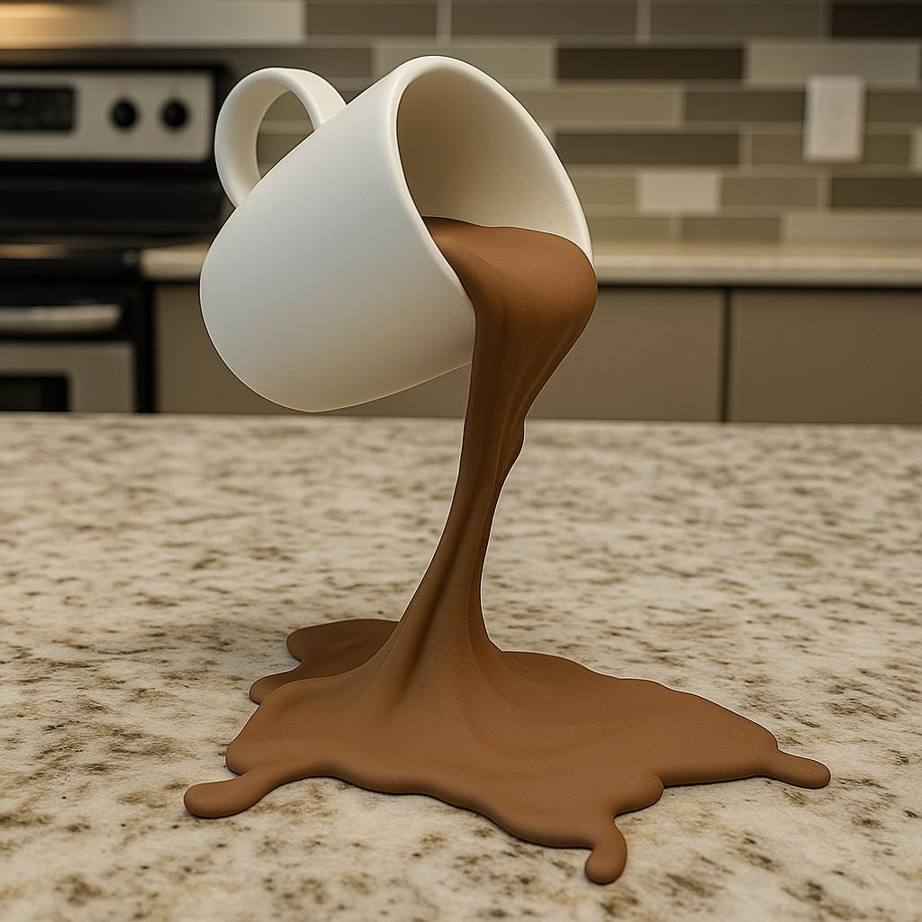 Floating Spilling Coffee Cup | 3D Printed Optical Illusion Sculpture Coffee Lover Kitchen Decor | Funny Desk Accessory Barista Gift Cafe