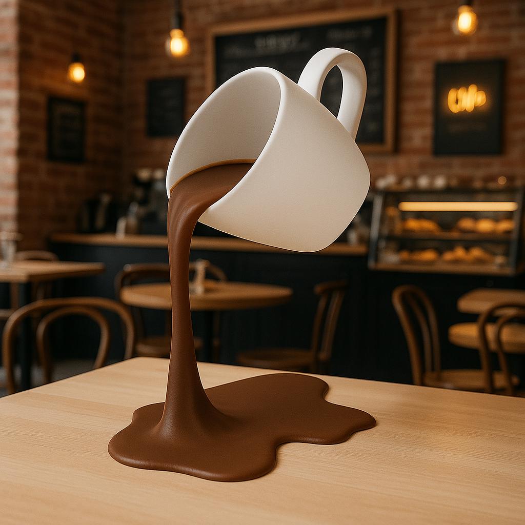 Floating Spilling Coffee Cup | 3D Printed Coffee Sculpture Optical Illusion Decor | Coffee Lover Gift Kitchen Table Centerpiece Barista Art