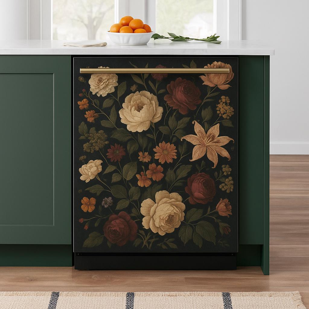 Vintage Rose Dishwasher Cover | Magnetic Dark Floral Kitchen Decal | Removable Vinyl Sticker Wrap | Botanical Appliance Decor Kitchen