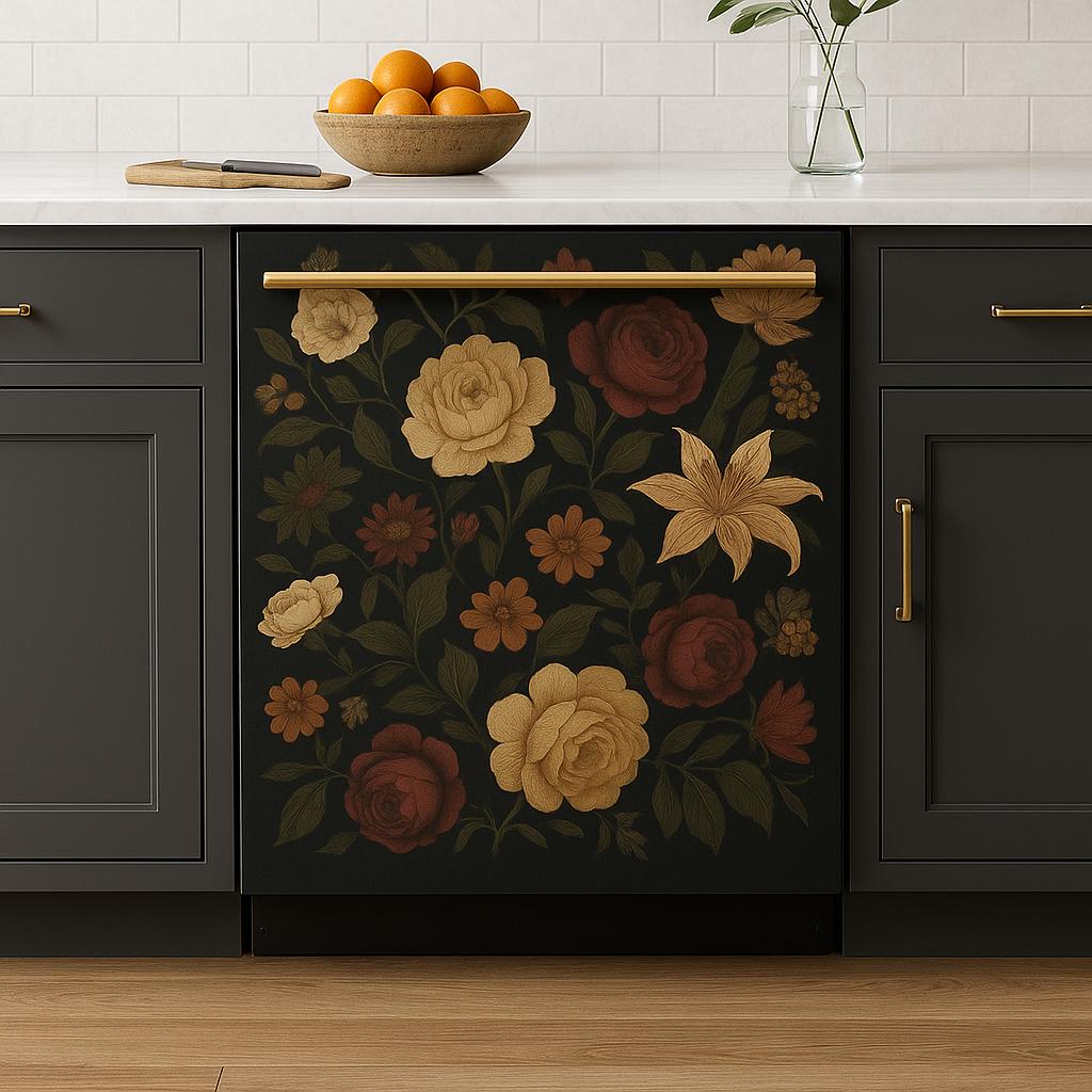 Vintage rose dishwasher cover with golden, red, and orange florals on a dark background, adding charm to the kitchen.