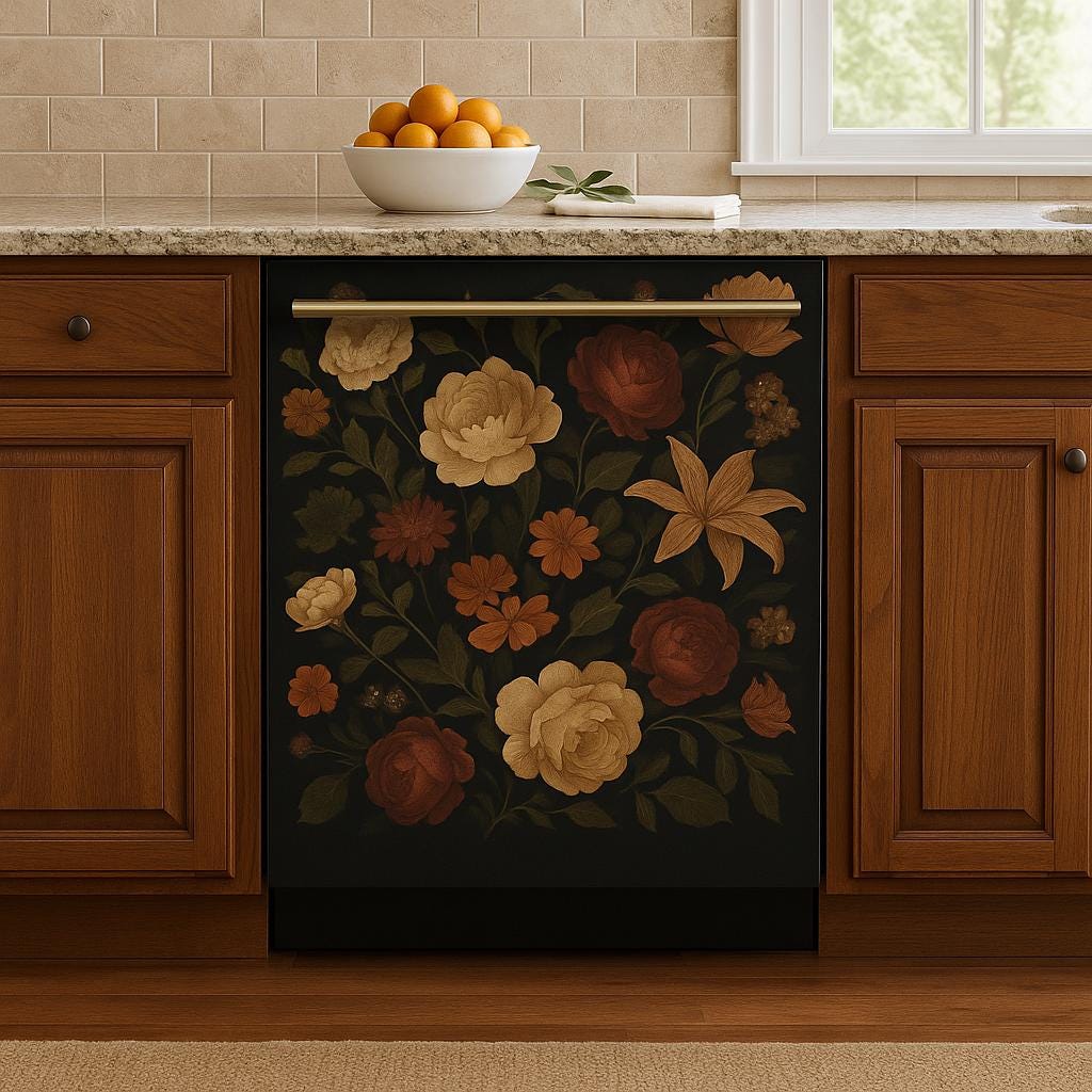 Vintage Rose Dishwasher Cover | Magnetic Dark Floral Kitchen Decal | Removable Vinyl Sticker Wrap | Botanical Appliance Decor Kitchen
