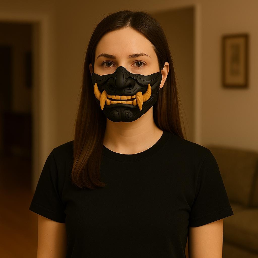 Model wearing a Half Oni Mempo Mask, showcasing intricate design and bold features for cosplay or Halloween.