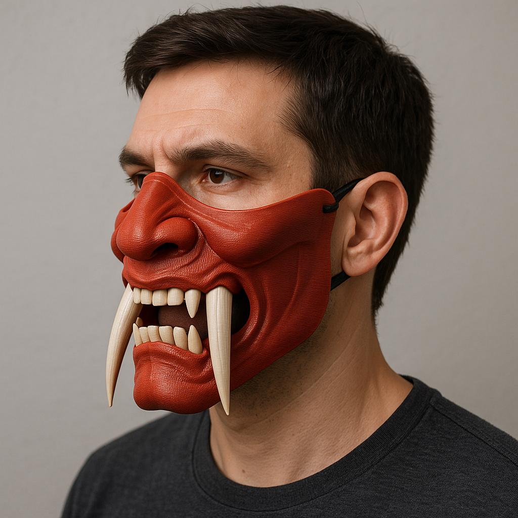 Two-color Oni half face mask worn by a man, featuring sharp white fangs for cosplay or Halloween.