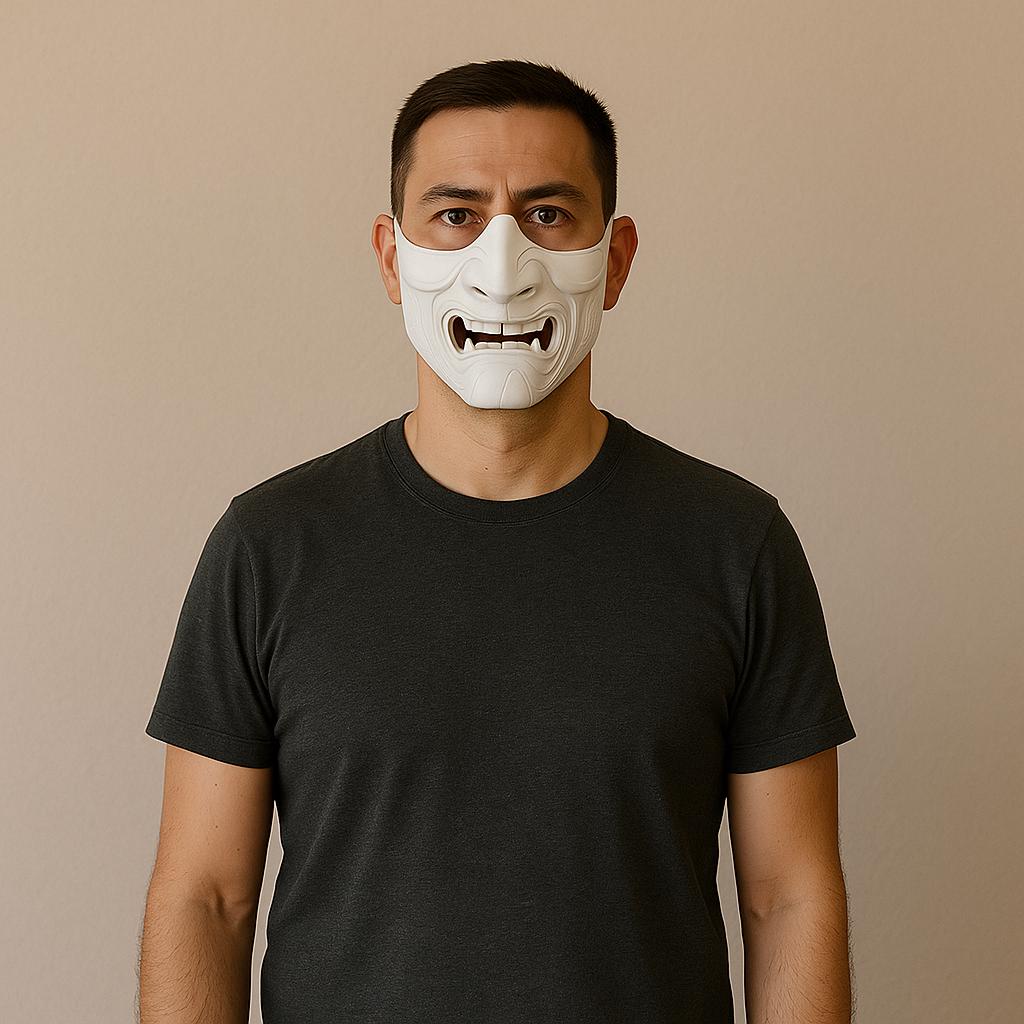 Person wearing a 3D printed Oni half mask, showcasing sharp teeth and detailed features, ideal for cosplay or Halloween.