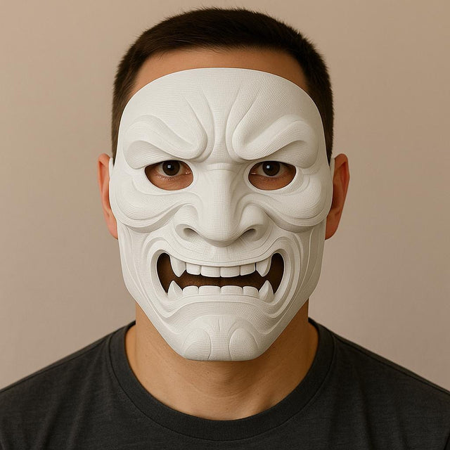 Full Oni Samurai Mask on a man, showcasing intricate 3D printed design, perfect for cosplay or Halloween.