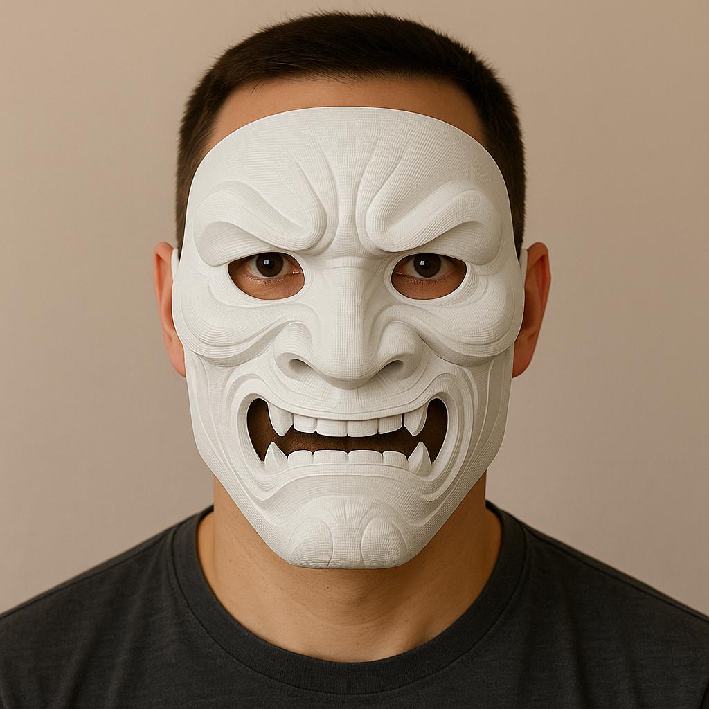 Full Oni Samurai mask on a model's face, showcasing a fierce expression and 3D printed details, perfect for cosplay.