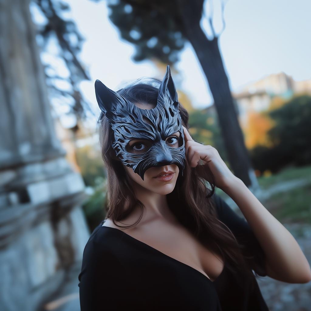 Woman wearing a 3D printed werewolf masquerade mask in an outdoor setting, showcasing gothic elegance.