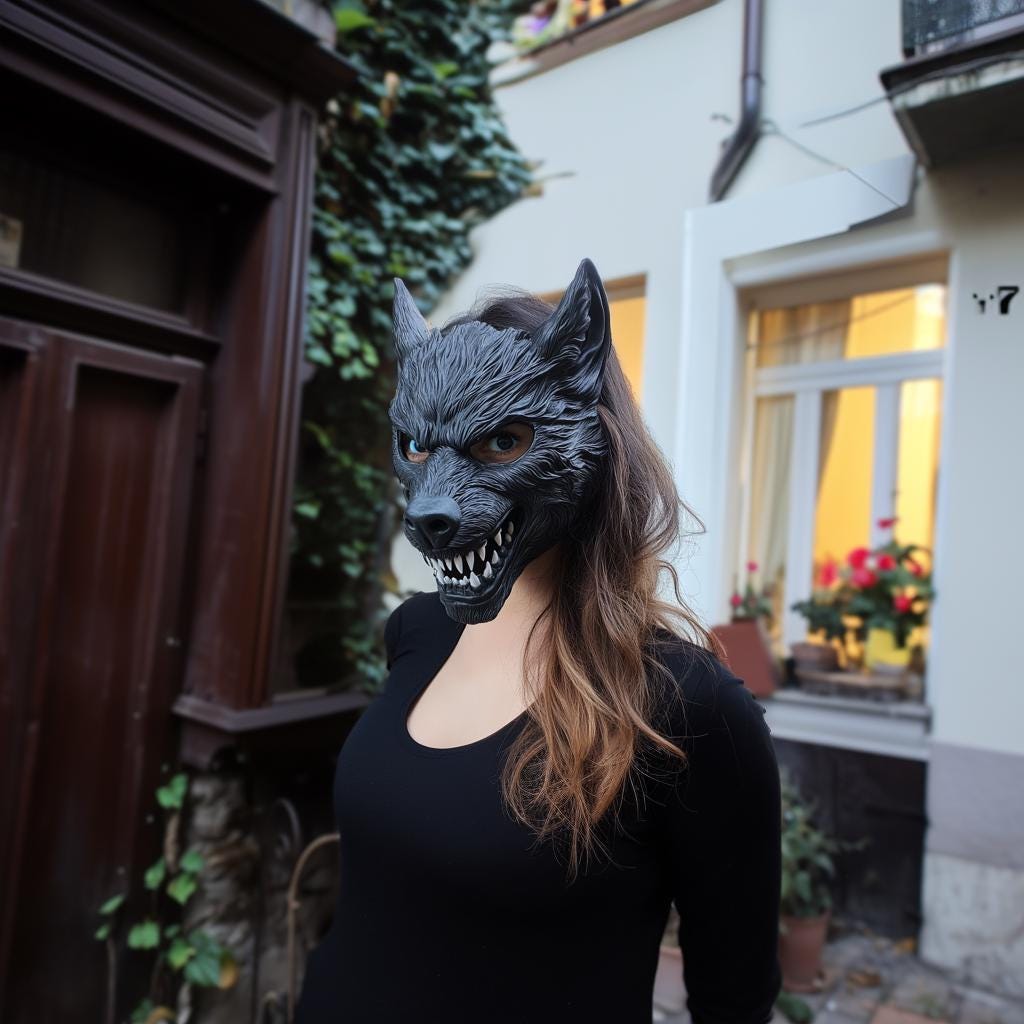 Woman wearing a detailed 3D printed werewolf mask outdoors, showcasing a fierce Halloween costume look.
