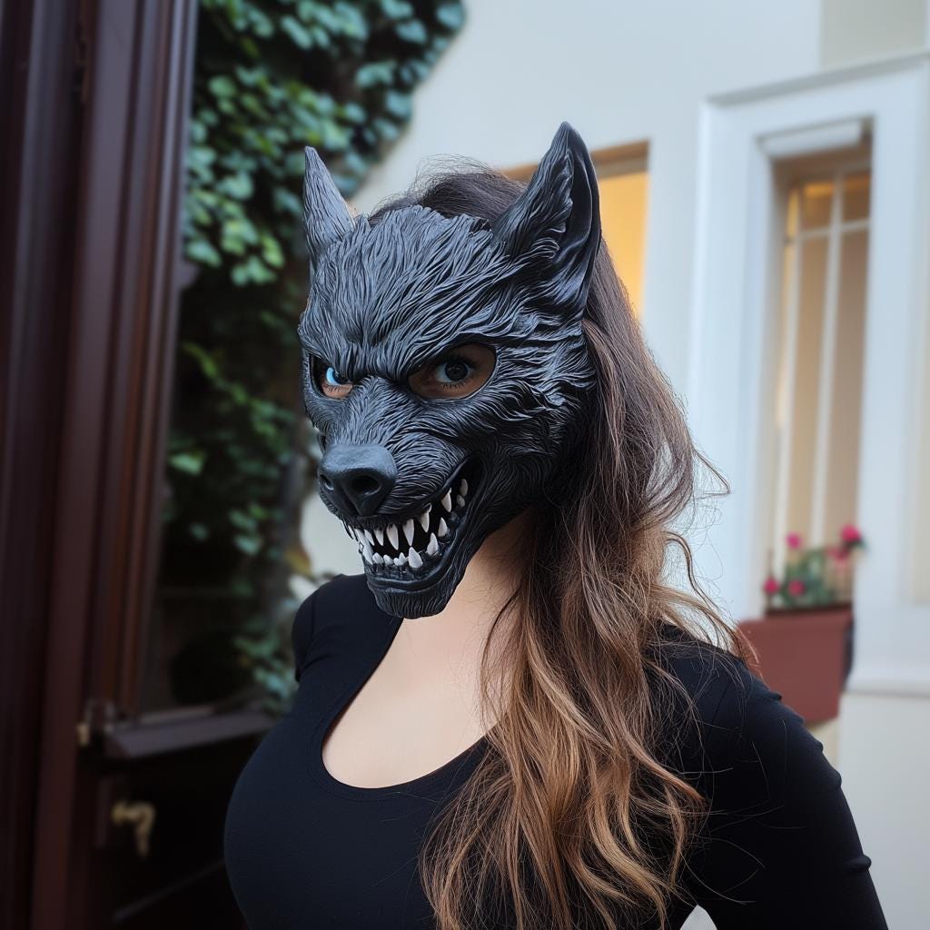 Realistic werewolf cosplay mask shown on a model, featuring detailed fur texture and fierce fangs, perfect for Halloween.
