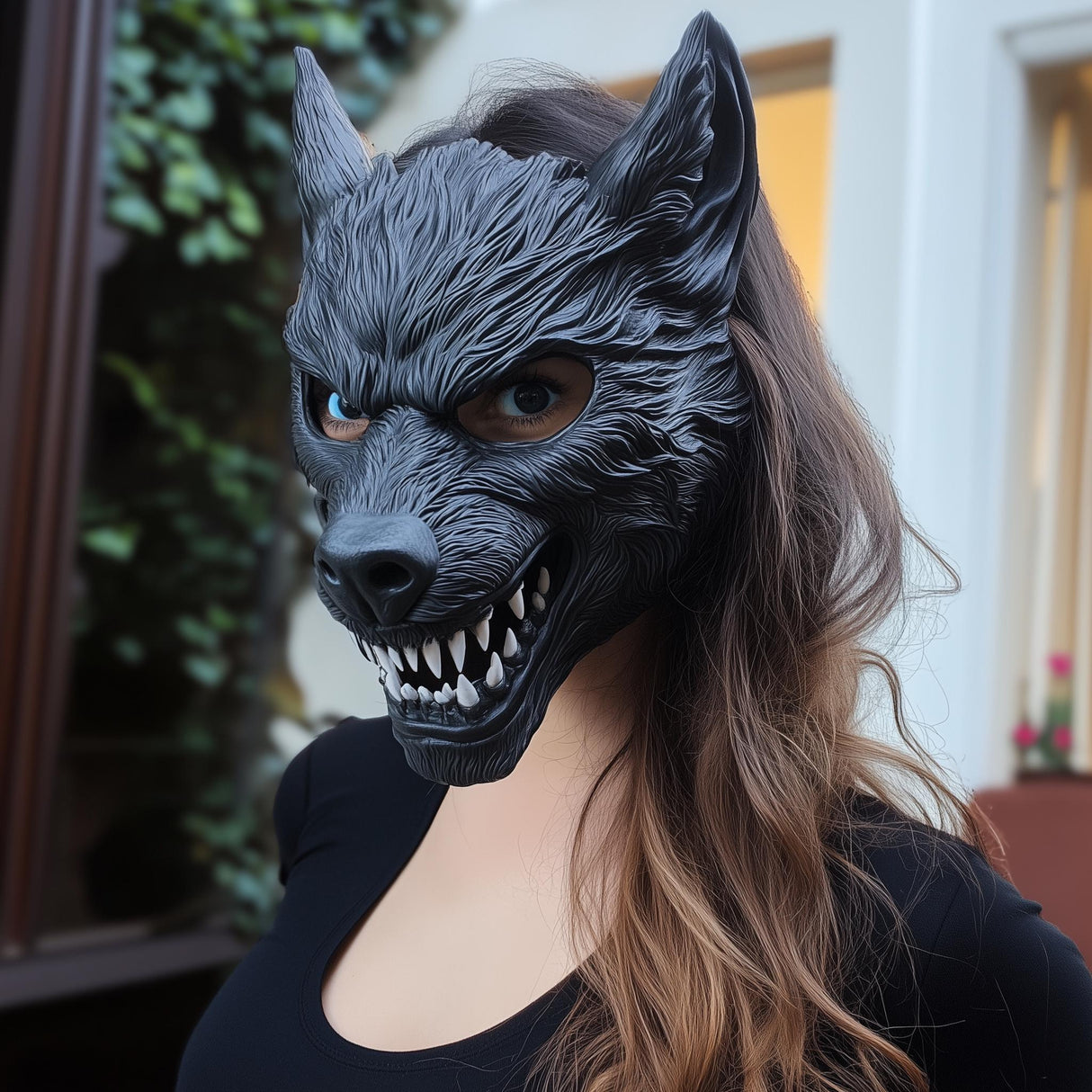 Werewolf cosplay mask worn by a person, showcasing detailed fur texture and menacing fangs for Halloween.