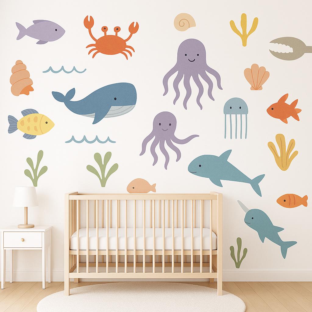 Adorable ocean animal wall decals in soft colors, featuring whales, jellyfish, crabs, and fish, perfect for kids' nursery decor.