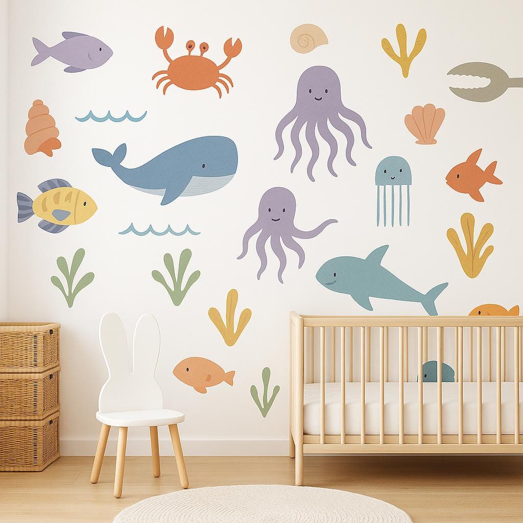 Ocean Animal Wall Decals | Under the Sea Wall Stickers | Removable Sea Life Nursery Decor | Reusable Ocean Creatures Decals | Kids Room Art